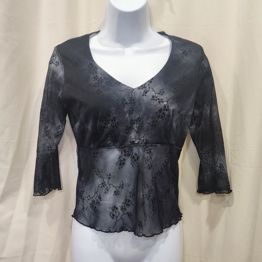 Floral Mesh V-Neck 3/4 Sleeve Top Black Gray Small Y2K Grunge Whimsigoth